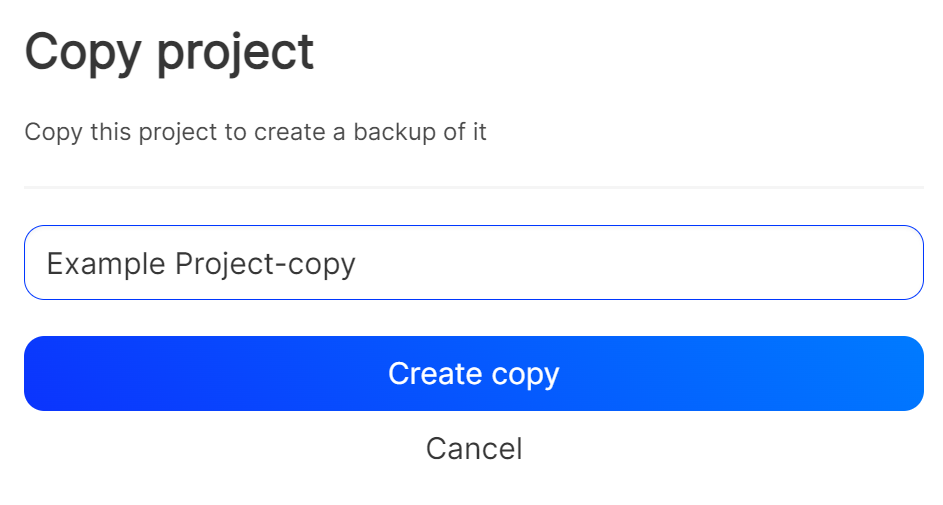 The modal with the form to copy a project.